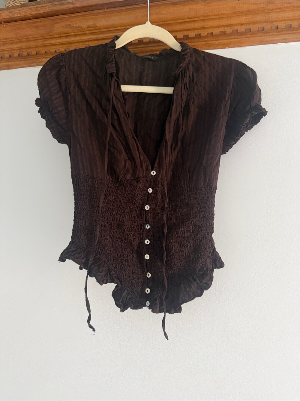 Zara Women's Brown Button-Front Smocked Peplum Top